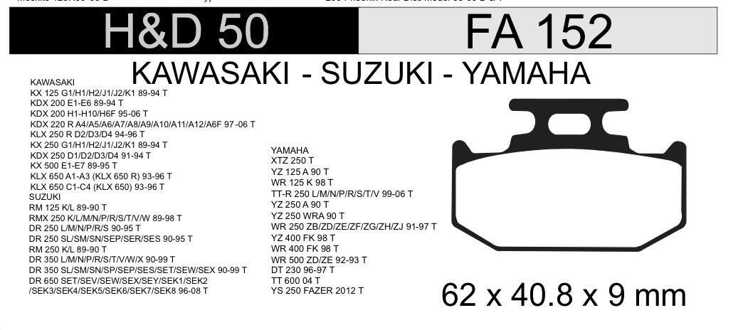 PASTILLA FRENO YAMAHA XTZ 250 DR 250 Y 350 TRASERAS HD50 NRO72
