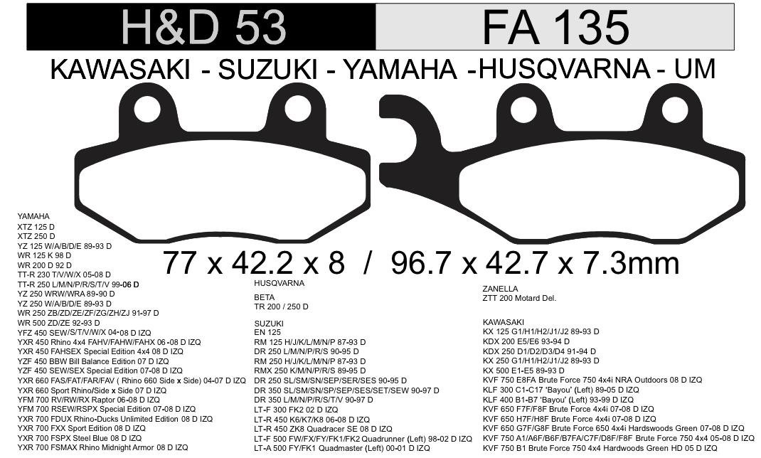 PASTILLA FRENO YAMAHA XTZ 125/250 DEL H&D53 NRO89