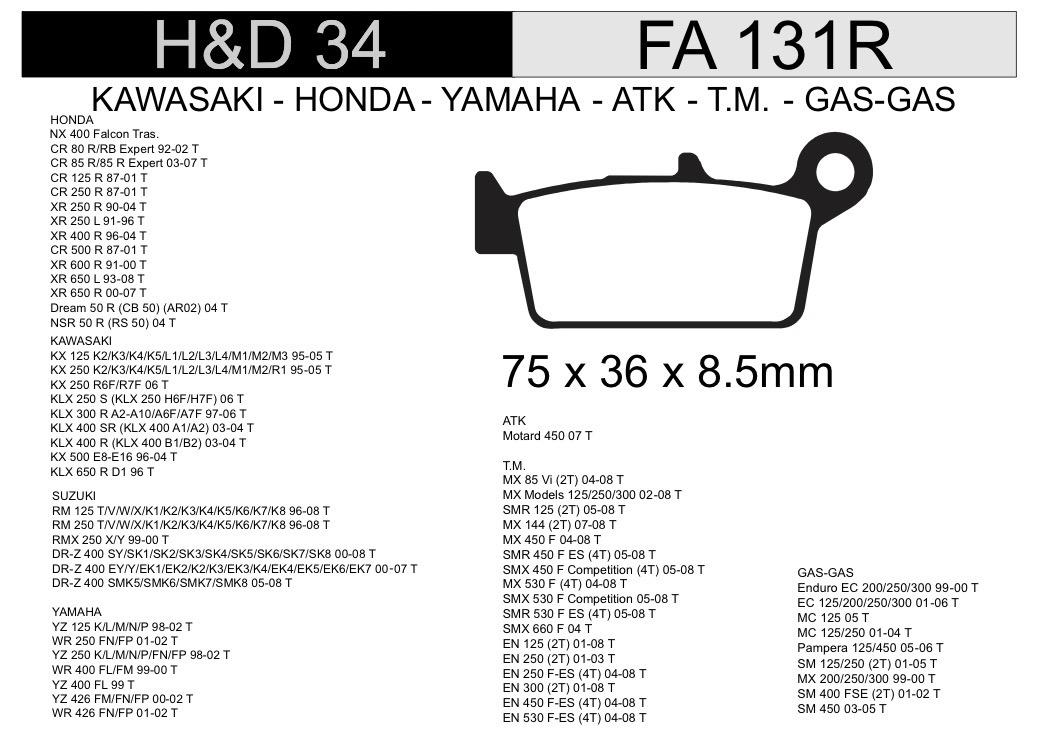 PASTILLA FRENO HONDA XR 250 VIEJA FALCON 400 H&D34 NRO74